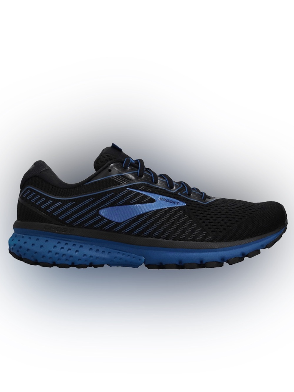 Brooks Ghost 12 running shoes in the black and bright blue color way size 9.5